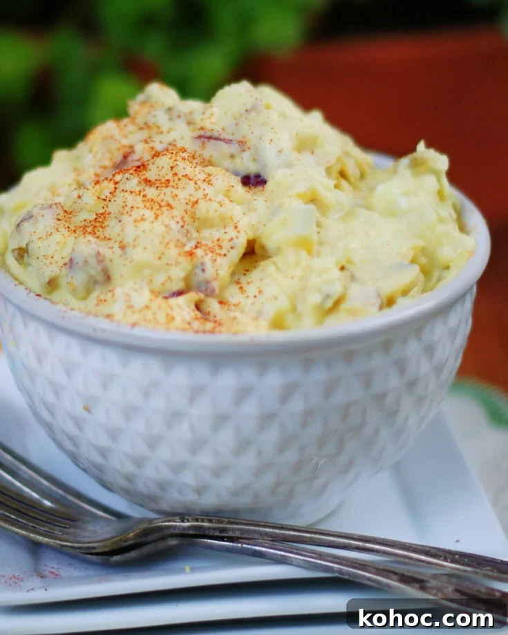 Deviled egg potato salad texture, ingredients and garnish of papriks