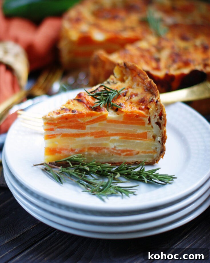 A gratin. or au gratin potatoes, has layers of potatoes, cheese, a drizzle of cheese and a top crust