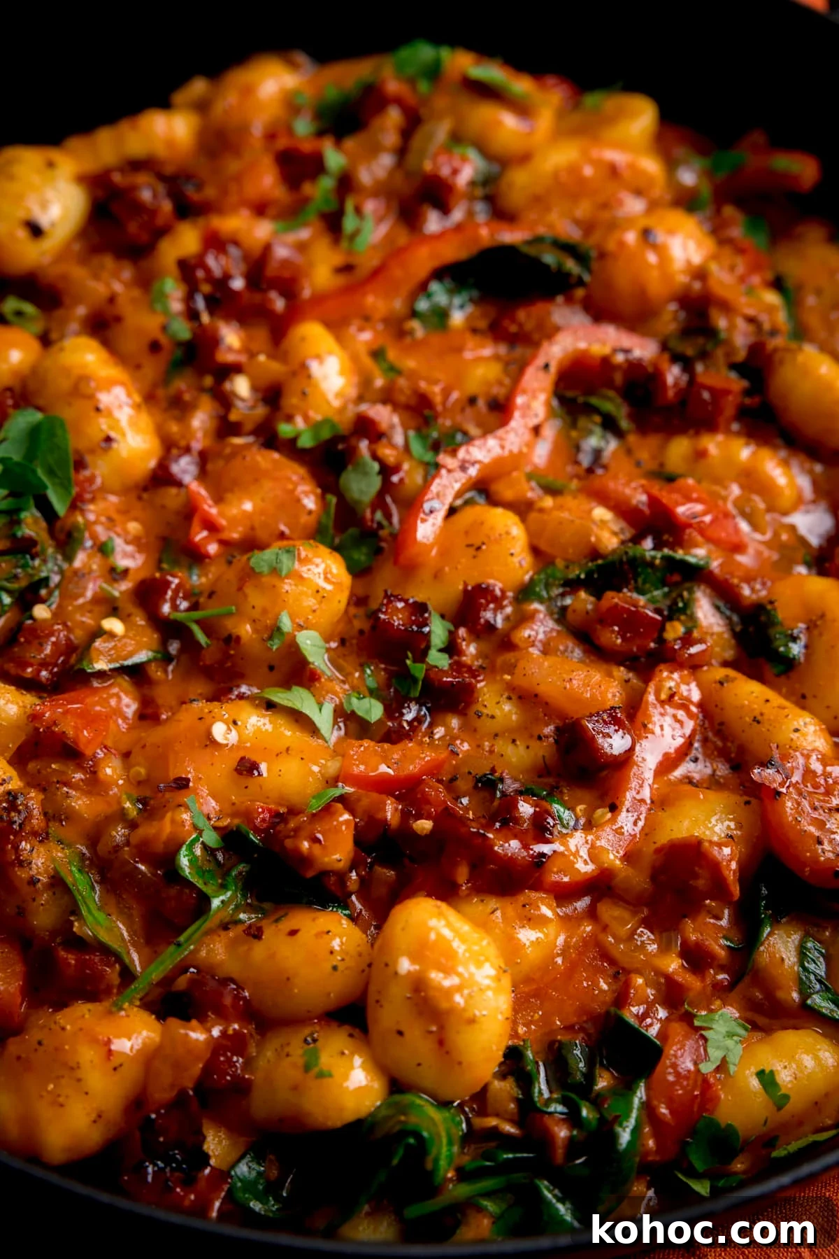 Close up of gnocchi with chorizo and red pepper in harissa coconut sauce.