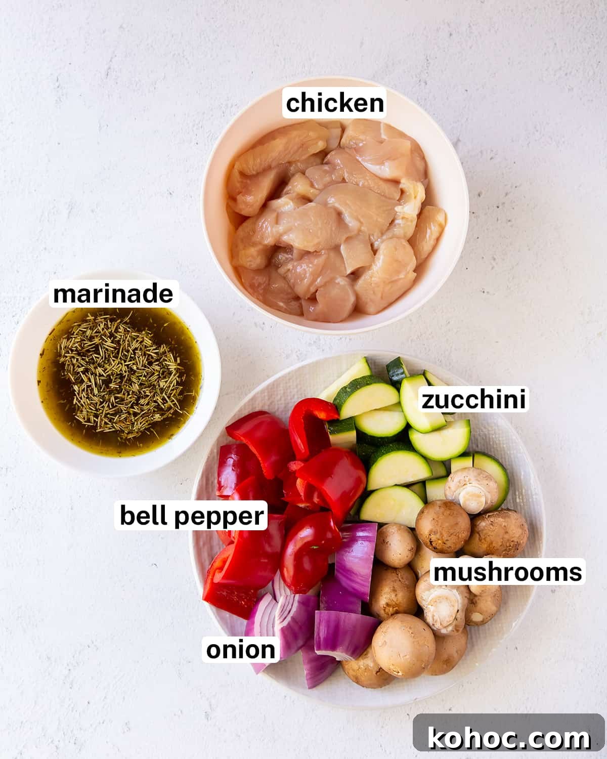 Greek Chicken Kabobs Recipe with Tzatziki and Grilled Vegetables 7 Ingredients including chicken and vegetables with text overlay.