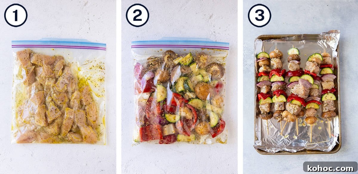 Greek Chicken Kabobs Recipe with Tzatziki and Grilled Vegetables 8 Chicken and vegetables marinating in plastic bags and then on kabob skewers.