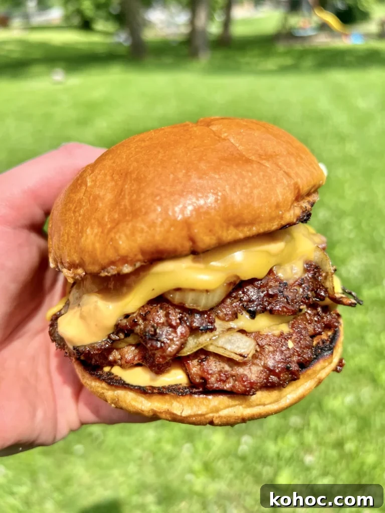 smash burgers with a grassy background