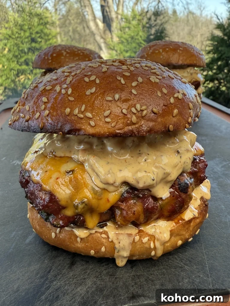 Smoked cheddar jalapeño burger on a toasted brioche bun