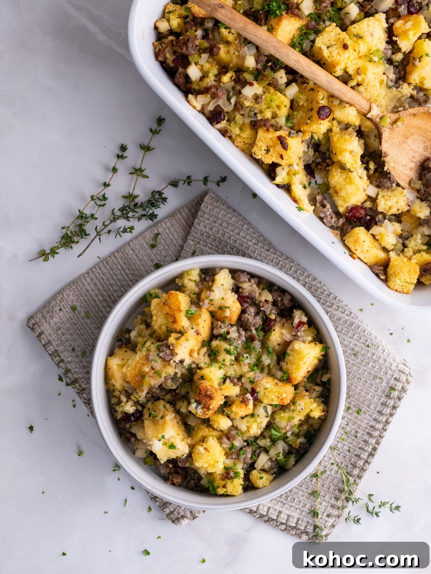 Sausage, Apple & Cranberry Cornbread Dressing Recipe 2 cornbread dressing in a bowl