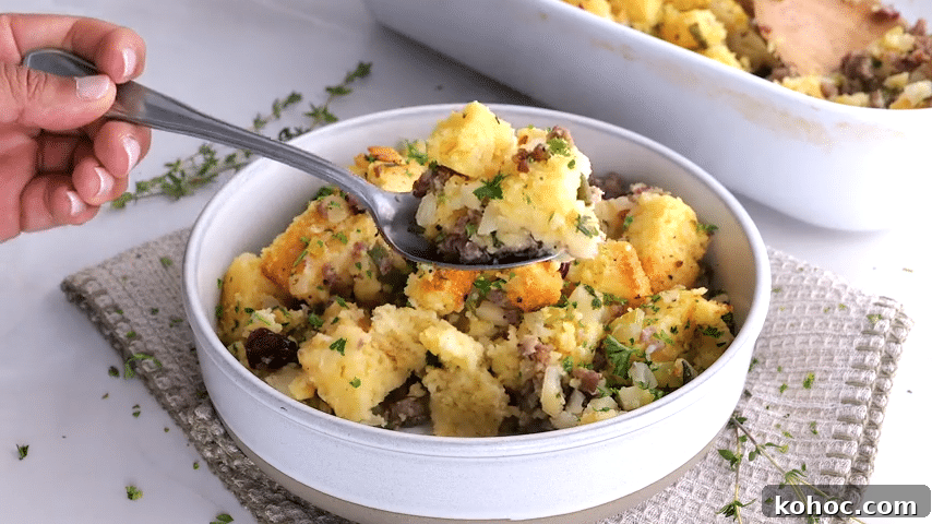 Sausage, Apple & Cranberry Cornbread Dressing Recipe 4 cornbread dressing in a bowl