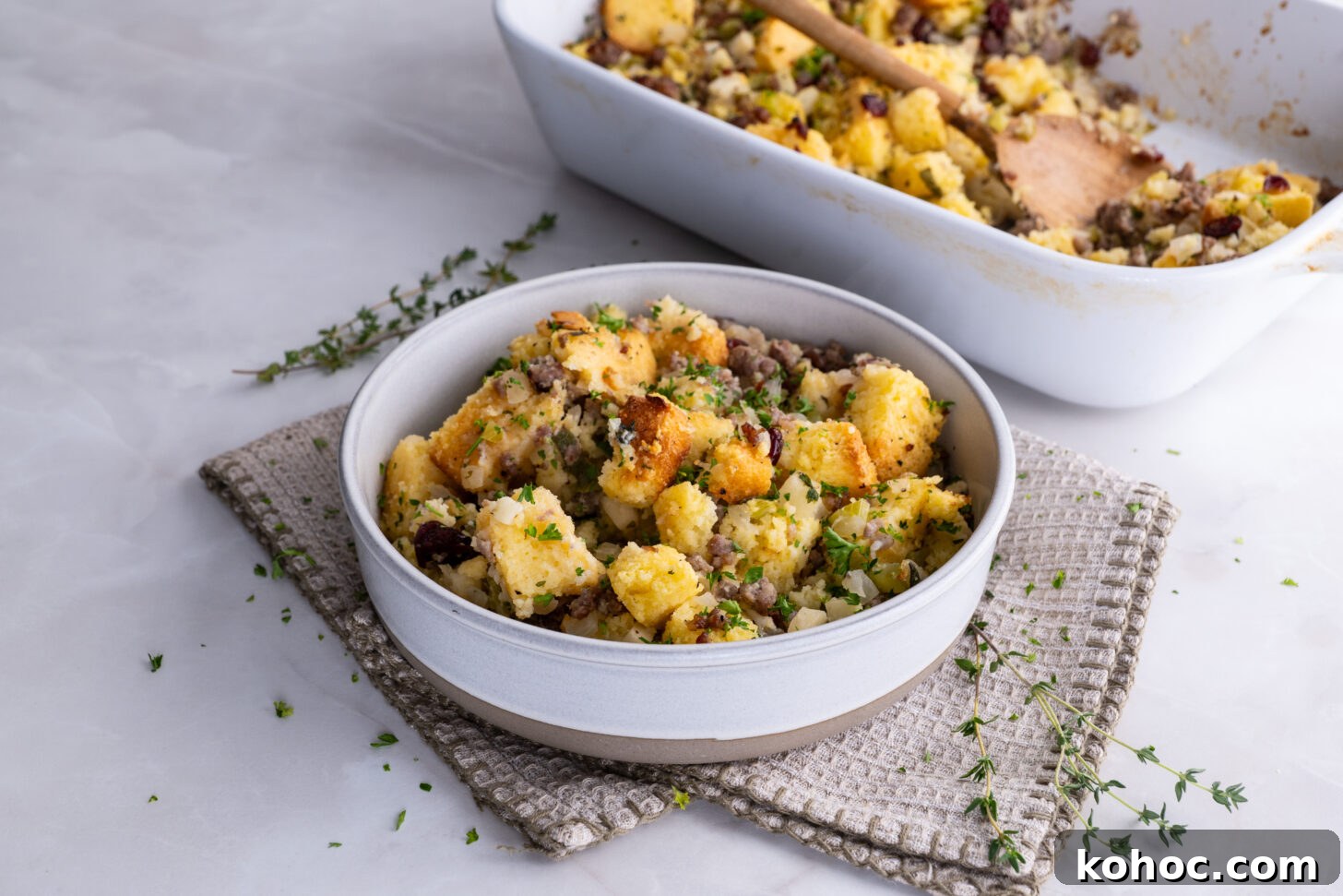 Sausage, Apple & Cranberry Cornbread Dressing Recipe 6 cornbread dressing in a bowl
