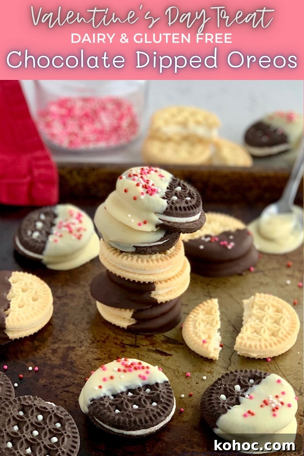 A pile of Chocolate Dipped Gluten and Dairy Free Oreos.