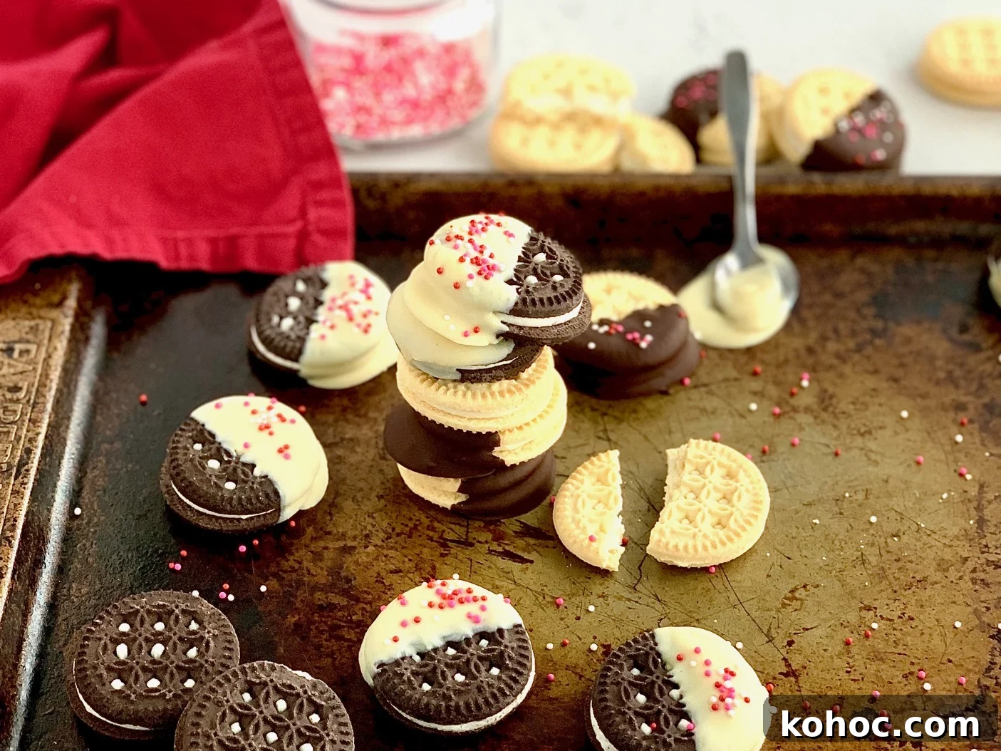gluten and dairy free oreos dipped in dairy free white chocolate with sprinkles