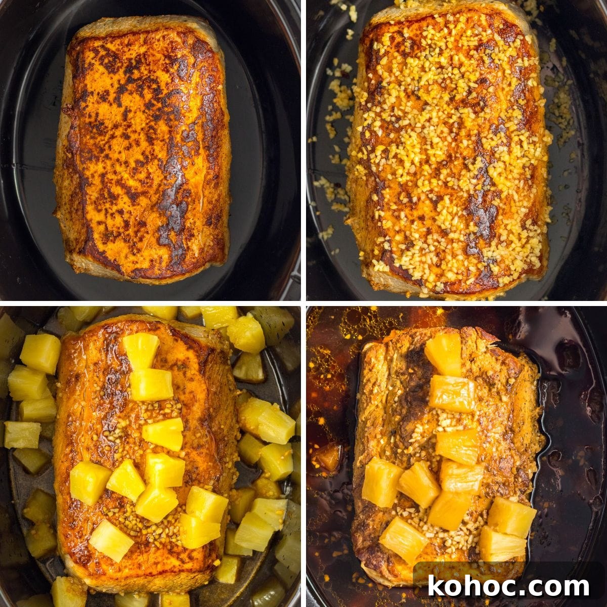 Pineapple Pork Loin Slow Cooker Recipe for Tender, Juicy Meat 4 Collage of four images showing how to cook pork loin in the slow cooker with pineapple