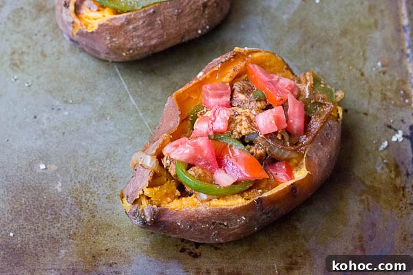 Chicken Fajita Stuffed Sweet Potatoes - close up