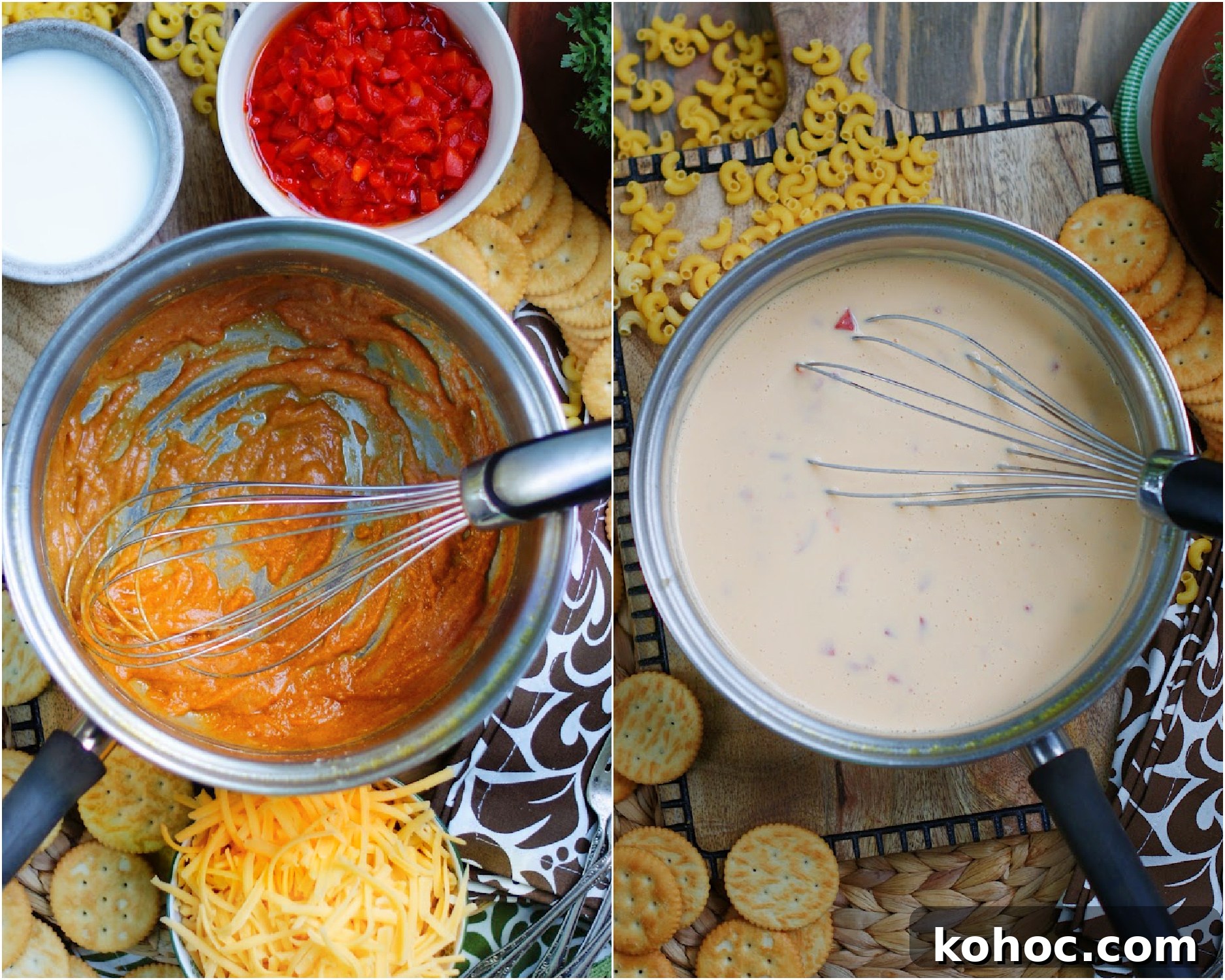Southern Pimento Mac and Cheese Recipe with Creamy Cheese Sauce 5 2 photos showing how to make a creamy cheese sauce for homemade macaroni and cheese.