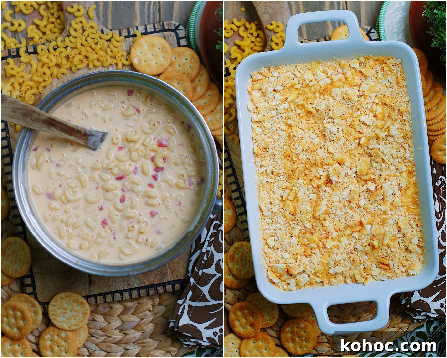 Southern Pimento Mac and Cheese Recipe with Creamy Cheese Sauce 6 2 photo collage showing how to fold elbow pasta into cheese sauce and make make baked macaroni and cheese with a buttery cracker crust.