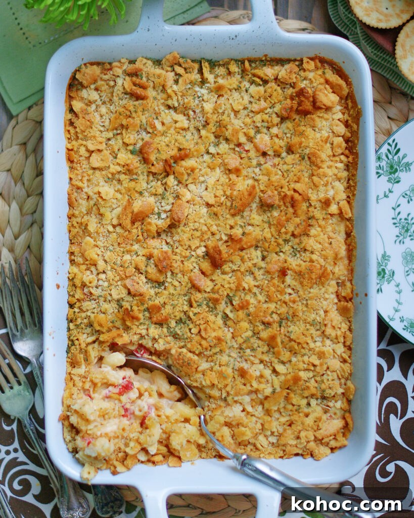 Southern Pimento Mac and Cheese Recipe with Creamy Cheese Sauce 7 A baked 9x13 dish of pimento macaroni and cheese side dish.