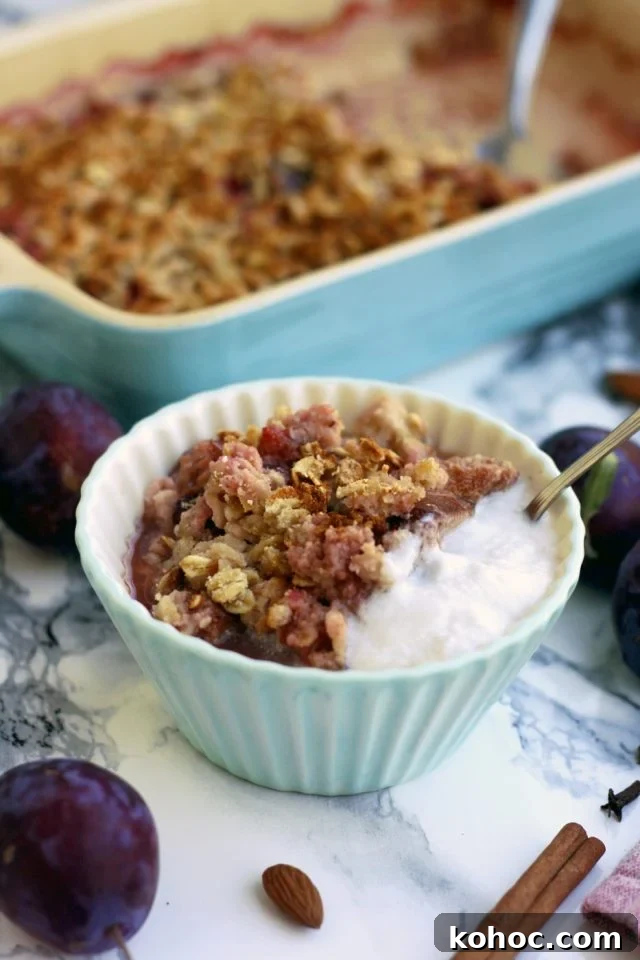 Delicious, vegan and gluten-free plum crisp with coconut makes for a great healthy dessert or breakfast. Easy 45-minute recipe from start to finish!
