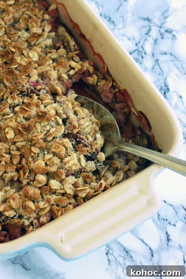Delicious, vegan and gluten-free plum crisp with coconut makes for a great healthy dessert or breakfast. Easy 45-minute recipe from start to finish!