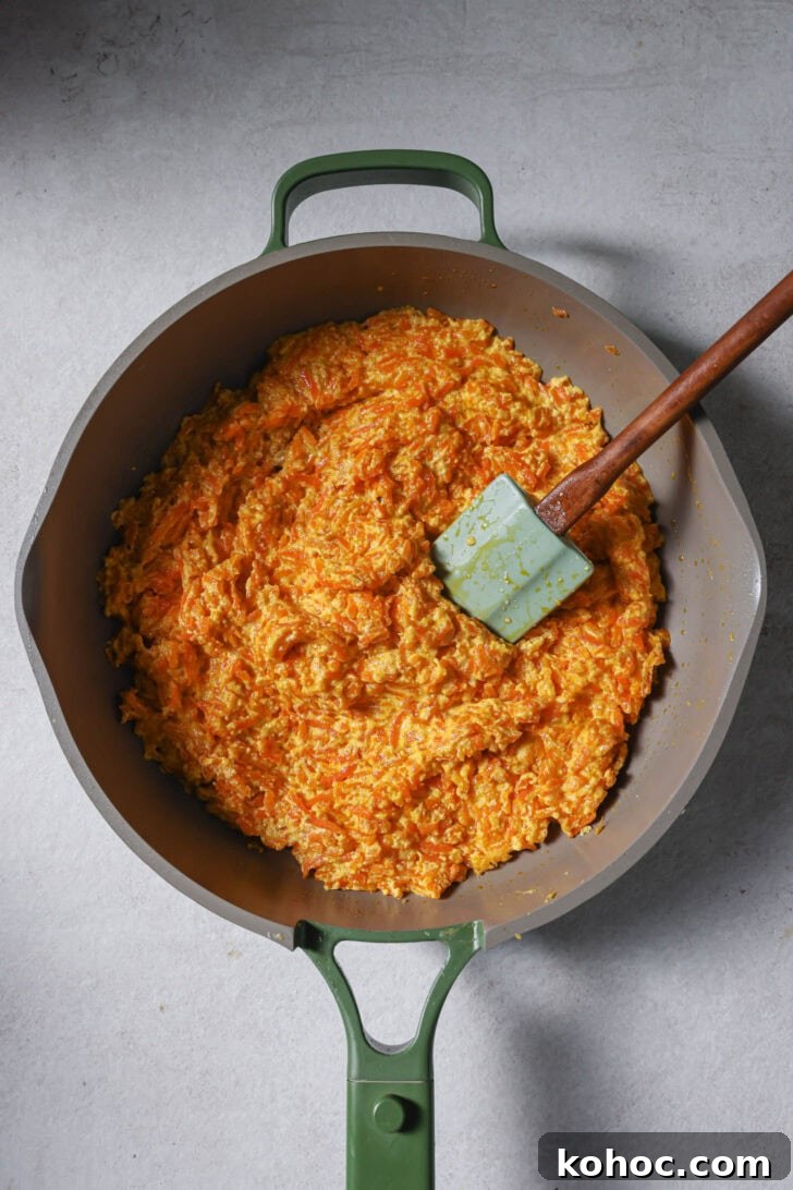 Carrot and milk mixture cooked down and ready for the next step to make Carrot Halwa.