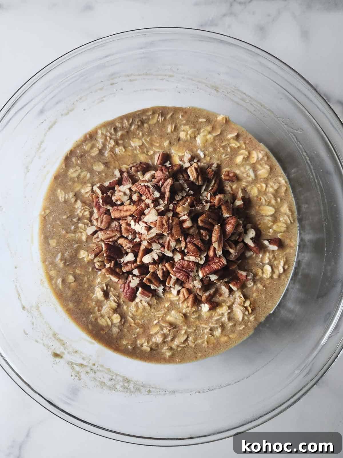 Batter with pecans for pecan oatmeal.