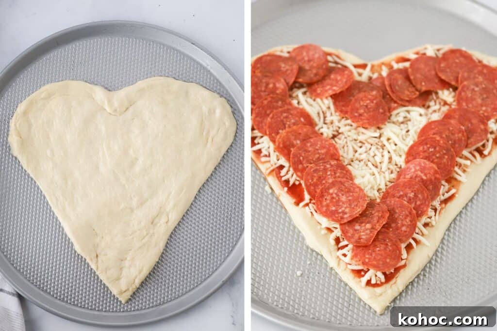 Make a Heart-Shaped Pizza at Home: Step-by-Step Recipe and Tips 4 Pizza dough shaped into a heart and topped with sauce, cheese, and pepperoni.