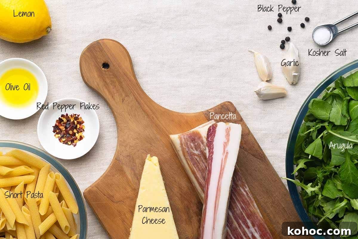 Creamy Pancetta Pasta with Parmesan and Peas 3 Pancetta Pasta Ingredients on a linen cloth.