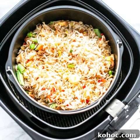 This Air Fryer fried rice is the best and can compete with any restaurant fried rice. On the table in no time and a great side dish to serve with dinner.