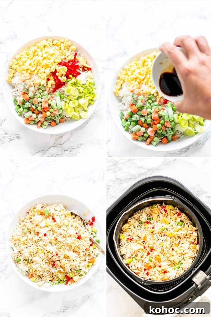 Crispy Air Fryer Fried Rice Recipe for Quick Weeknight Meals 6 Adding soy sauce to Air Fryer fried rice to add extra flavor.
