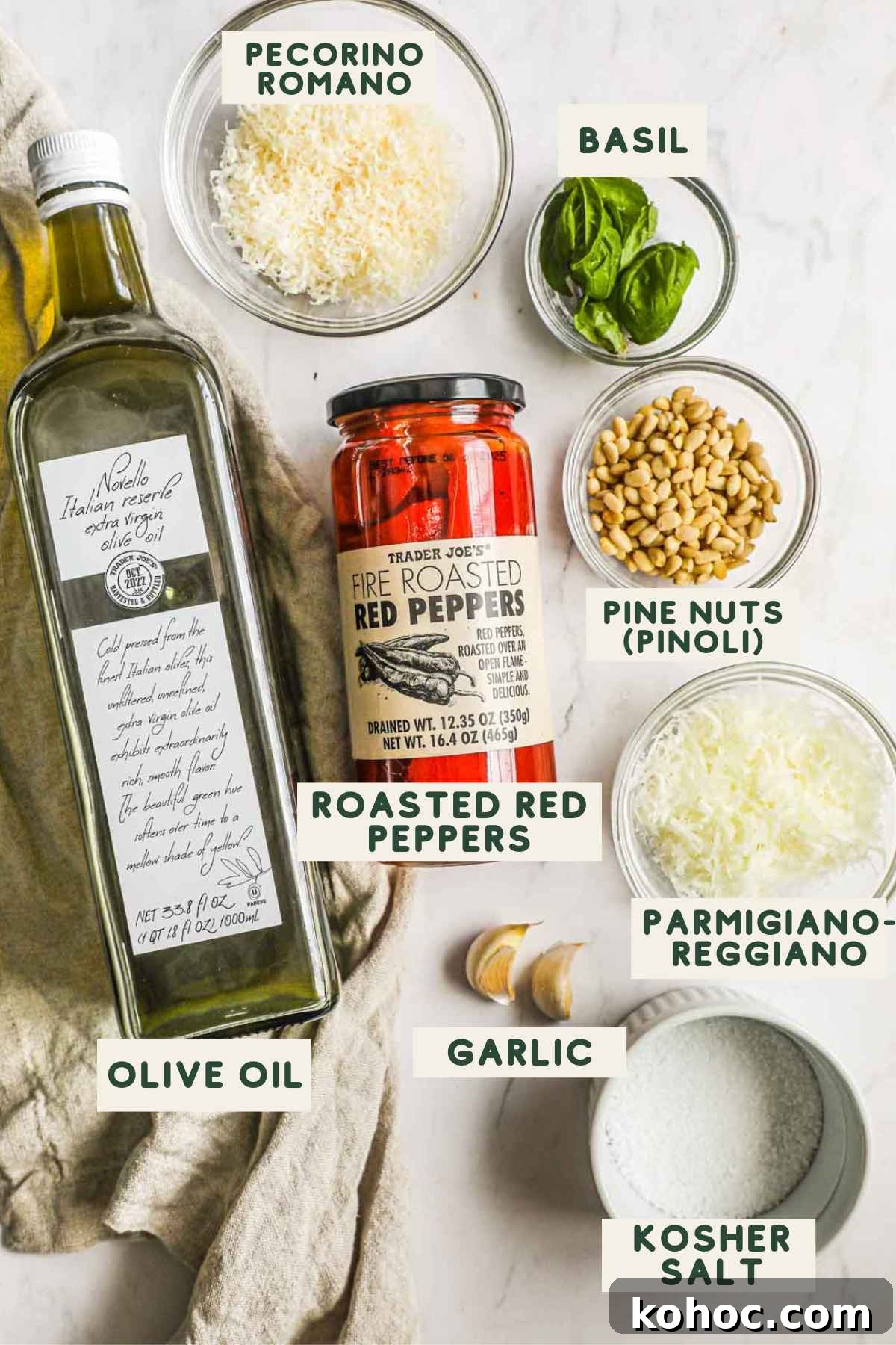 Roasted Red Pepper Pesto Pasta Recipe for Flavorful Weeknights 3 Ingredients to make roasted red pepper pesto pasta, including roasted red peppers, pecorino romano, parmigiano-reggiano, olive oil, basil, pine nuts, and kosher salt.