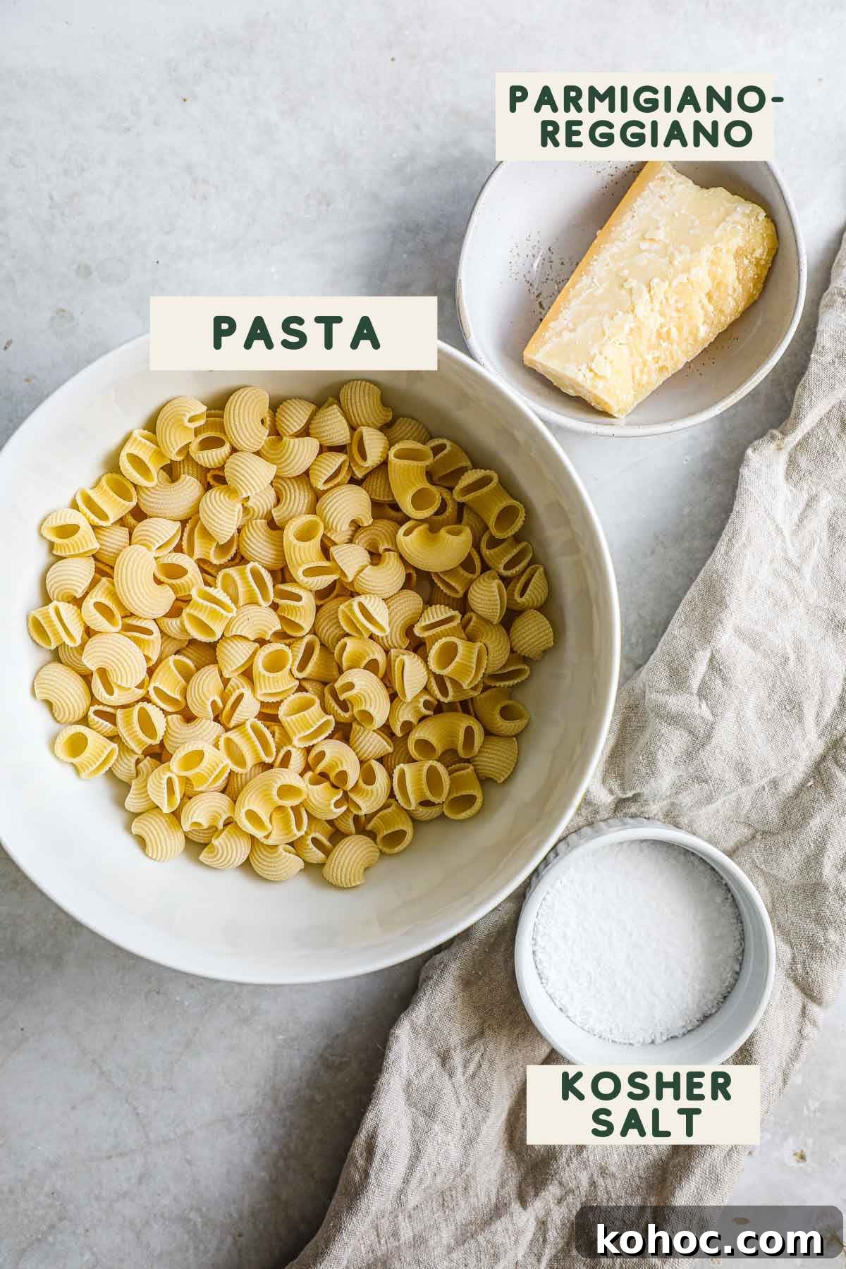 Roasted Red Pepper Pesto Pasta Recipe for Flavorful Weeknights 4 Ingredients to make roasted red pepper pesto pasta, including pasta, parmigiano-reggiano, and kosher salt.