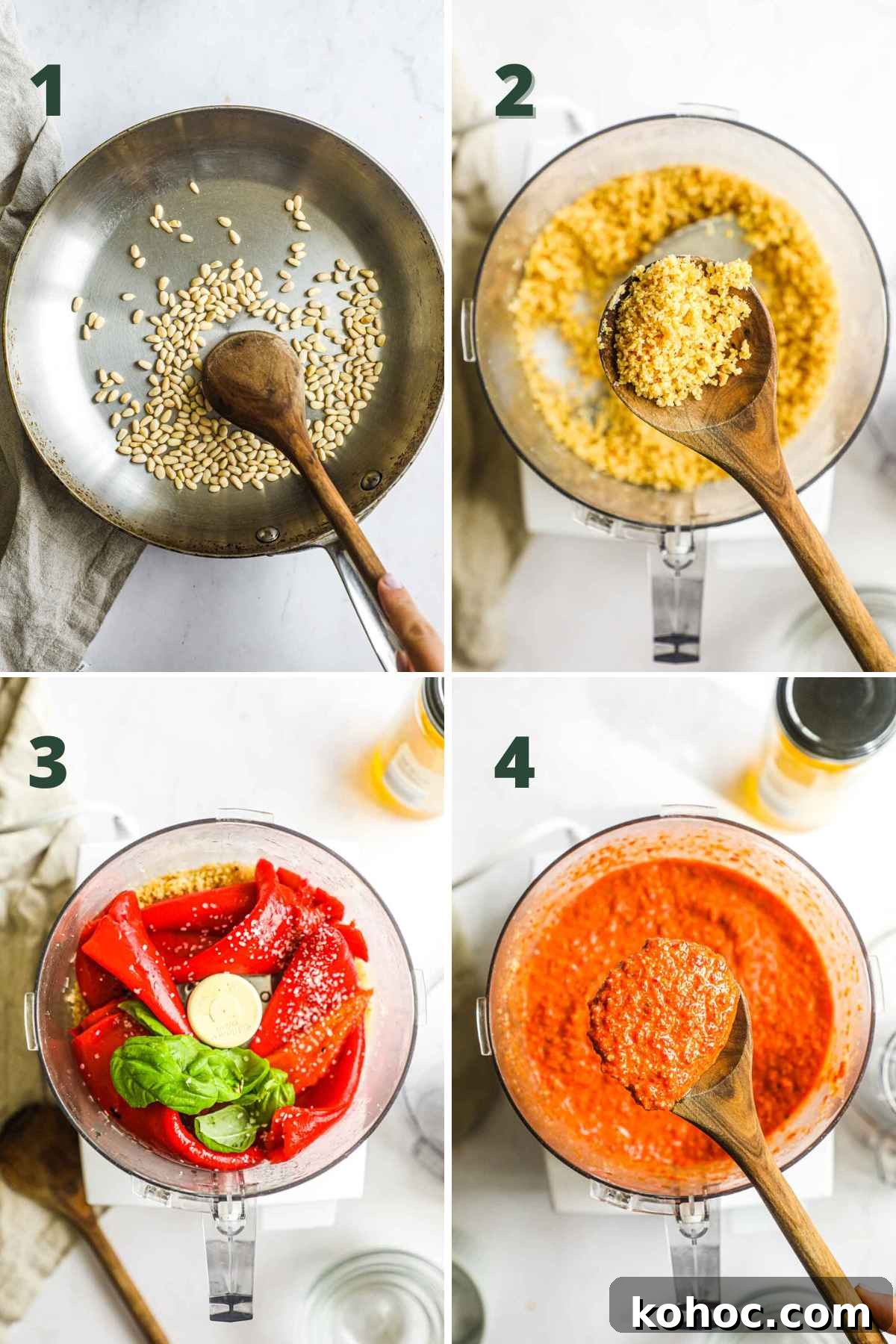 Roasted Red Pepper Pesto Pasta Recipe for Flavorful Weeknights 5 How to make roasted red pepper pesto pasta, including adding the roasted red peppers, basil, toasted pine nuts, cheese, and kosher salt to the food processor and blending.