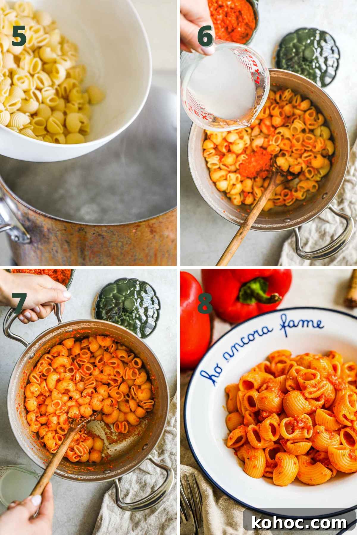 Roasted Red Pepper Pesto Pasta Recipe for Flavorful Weeknights 6 How to make roasted red pepper pesto pasta, including cooking pasta, adding pasta water and red pepper pesto to pasta, stirring, and serving.