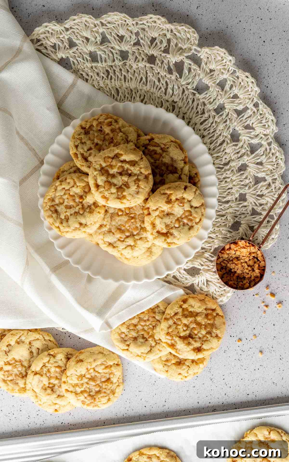 Overhead photo of toffee cookies on a plate.