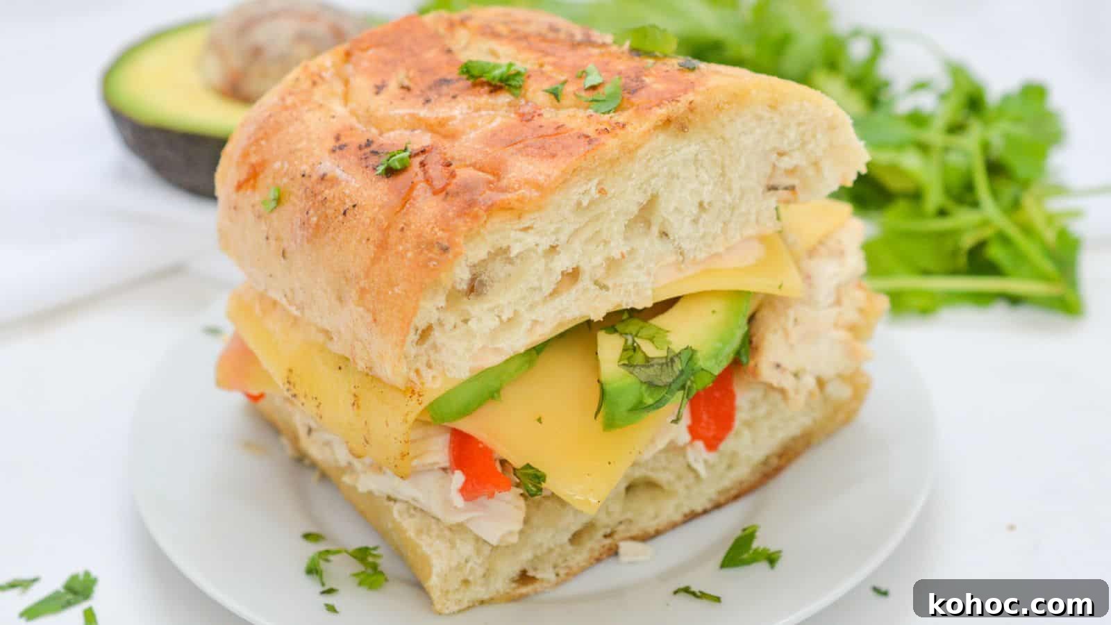 25 Skillet Meals Ready in 30 Minutes or Less 16 A sandwich with avocado, chicken and cheese on a plate.