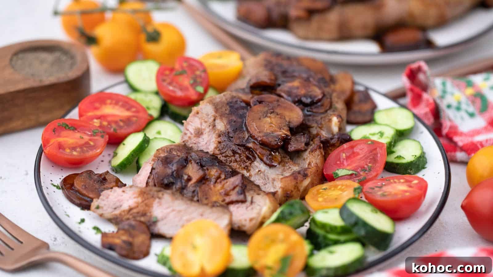 25 Skillet Meals Ready in 30 Minutes or Less 23 A plate with steak, tomatoes and cucumbers on it.