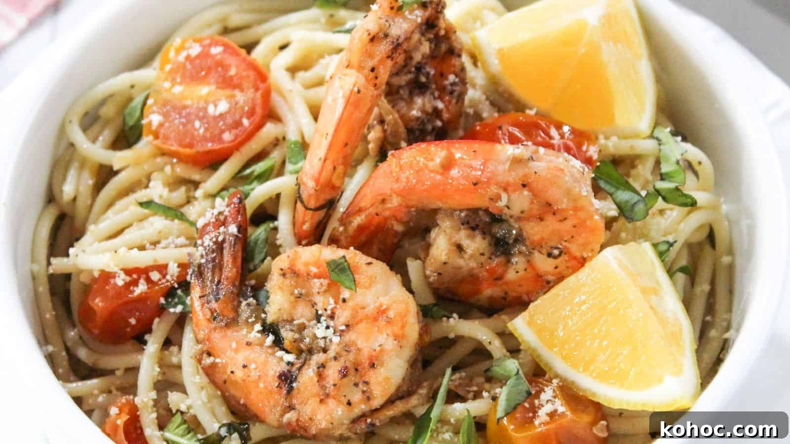 25 Skillet Meals Ready in 30 Minutes or Less 10 A bowl of pasta with shrimp and tomatoes.