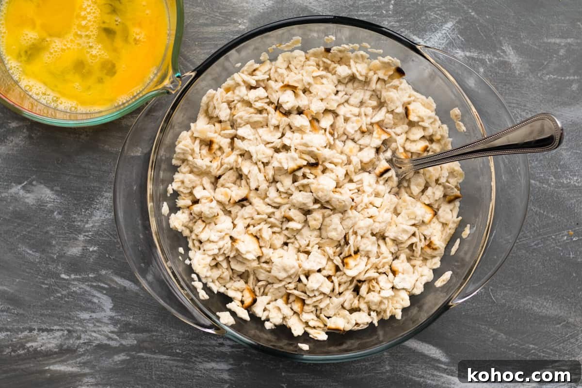 Passover-Friendly Muffins: Simple Recipe for the Seder 4 farfel muffin batter being mixed in a glass bowl