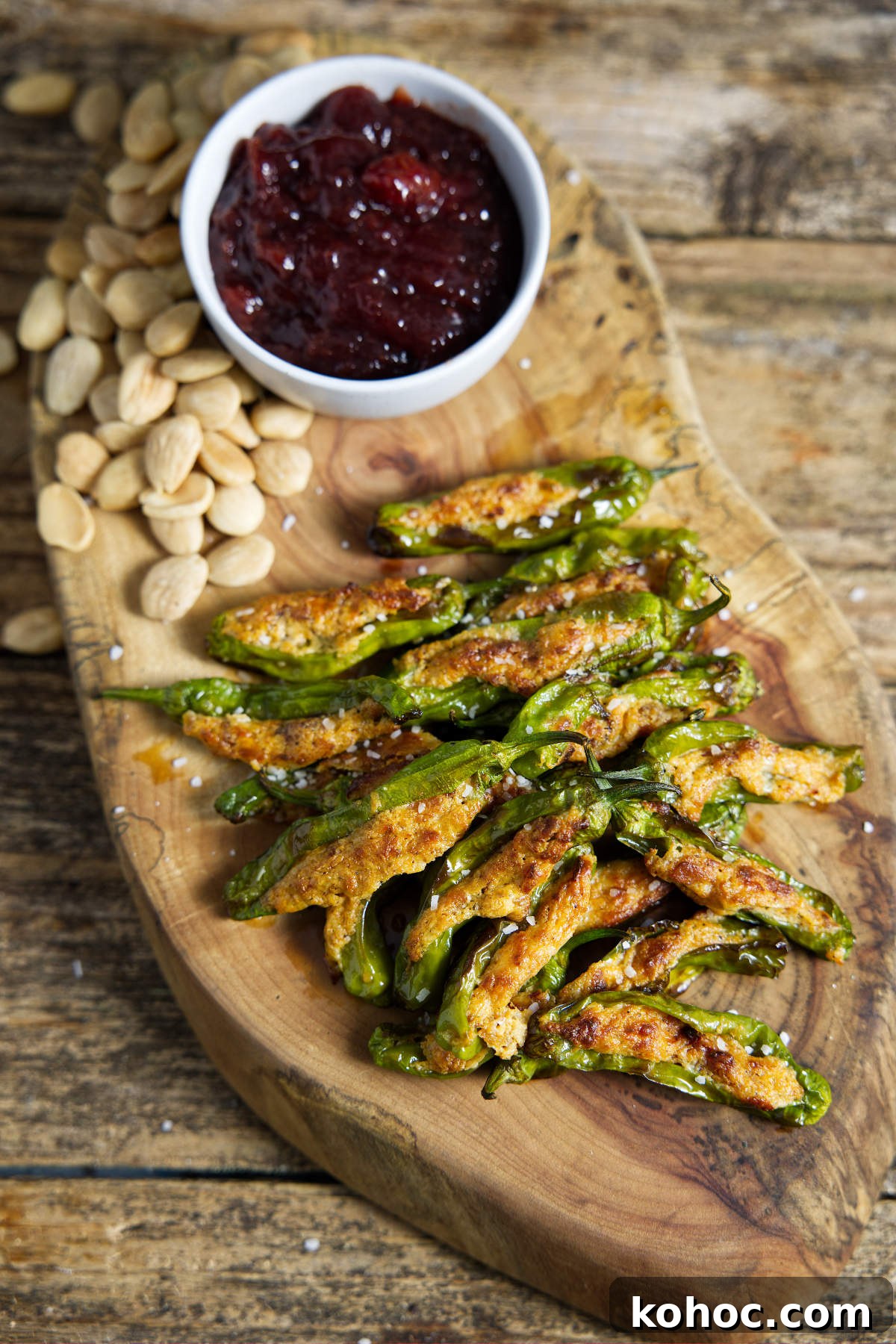 Crispy Air Fryer Shishito Peppers with Zesty Lemon Dip 9 air fryer shishito peppers on cutting board with cherry preserves and almonds