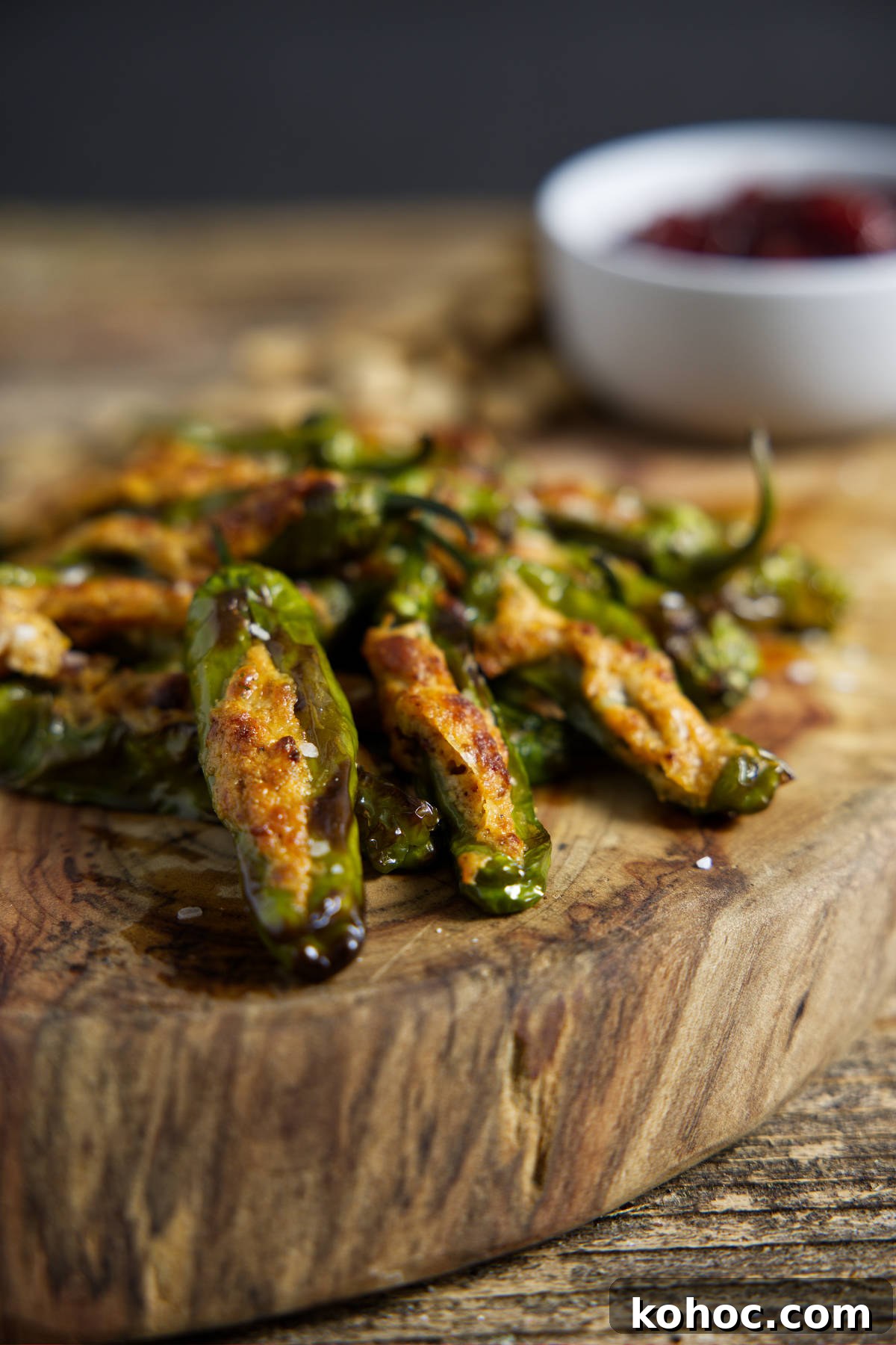 Crispy Air Fryer Shishito Peppers with Zesty Lemon Dip 10 close up of air fryer shishito peppers