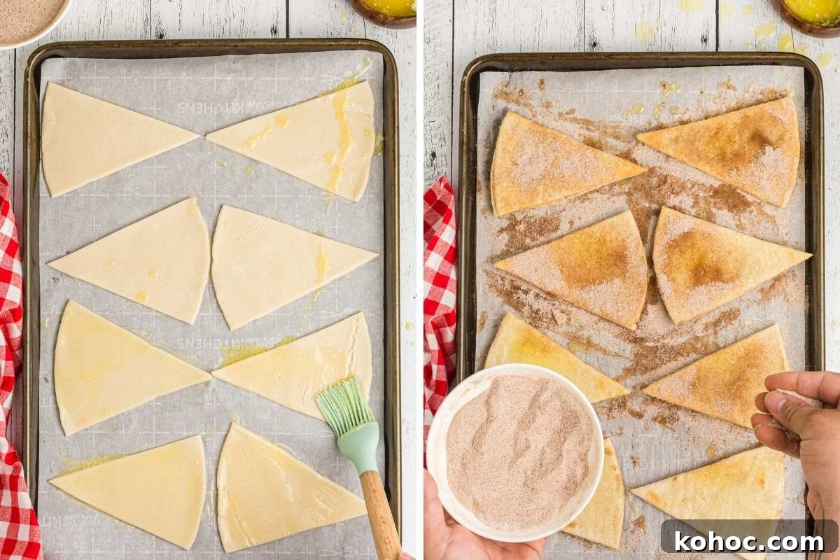 Apple Pie Nachos: Cinnamon Sugar Chip Dessert Recipe 5 pie crust being brushed with butter and cinnamon sugar