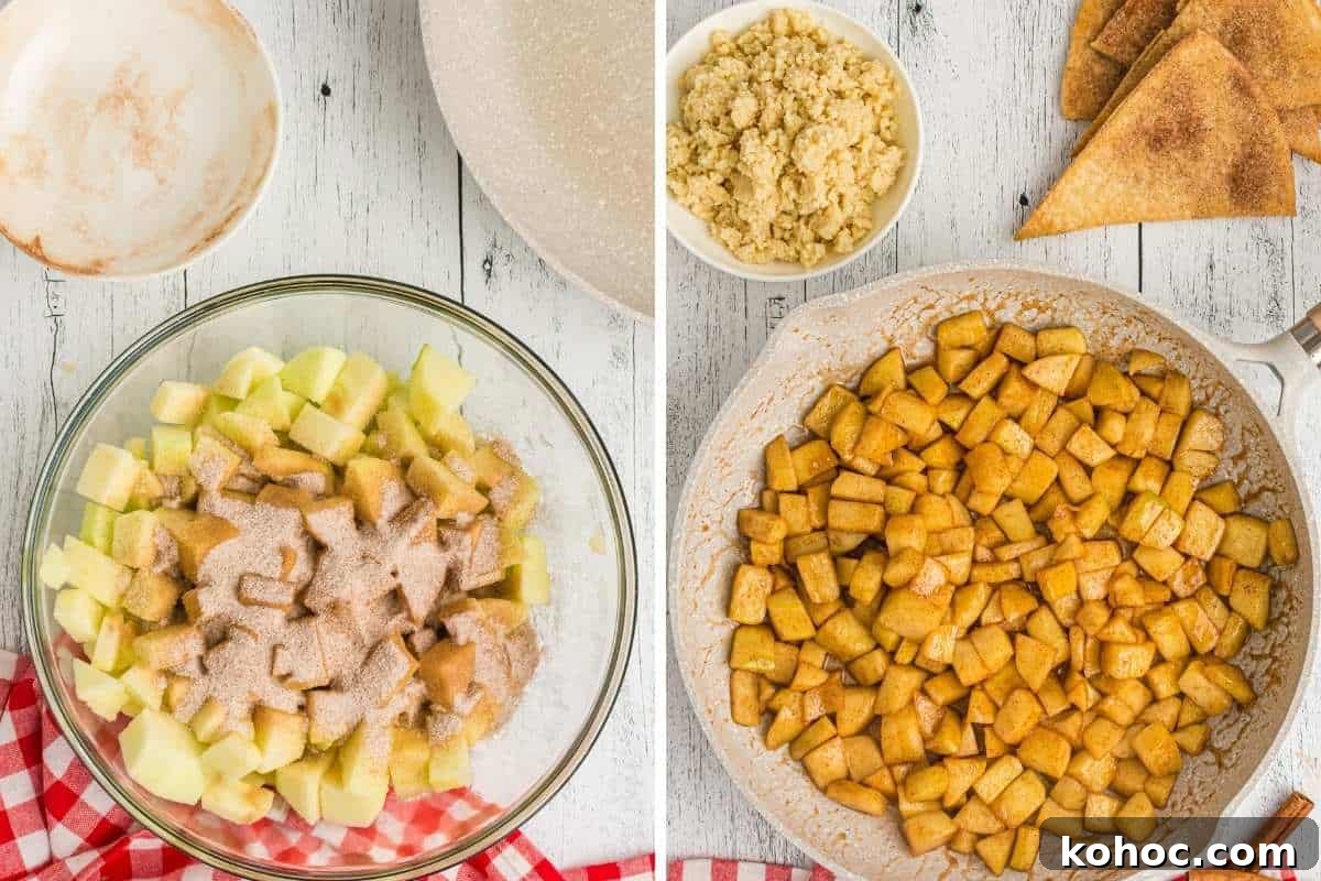 Apple Pie Nachos: Cinnamon Sugar Chip Dessert Recipe 7 bowl of diced apples before and after baking