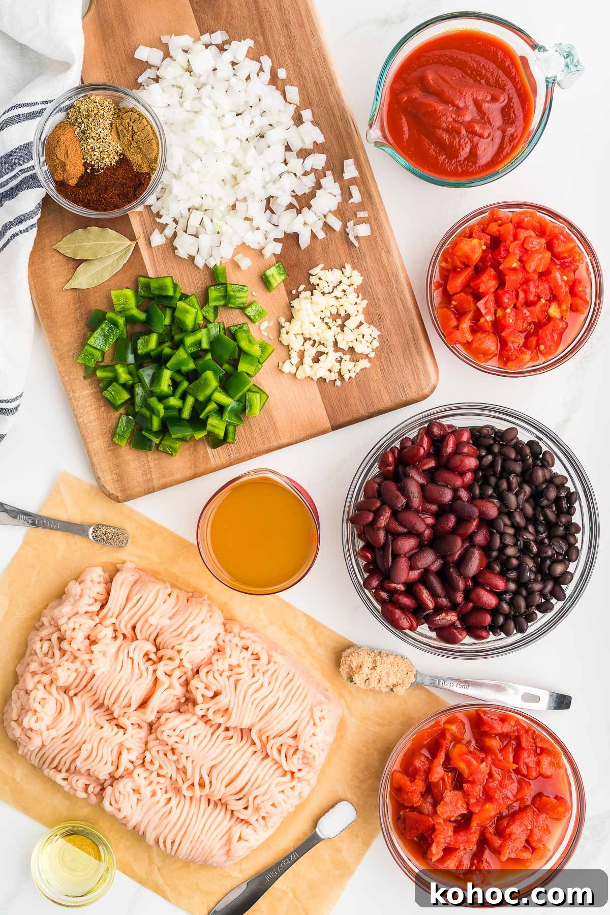 Hearty Ground Chicken Chili Recipe for Weeknight Dinners 3 Ingredients flat lay