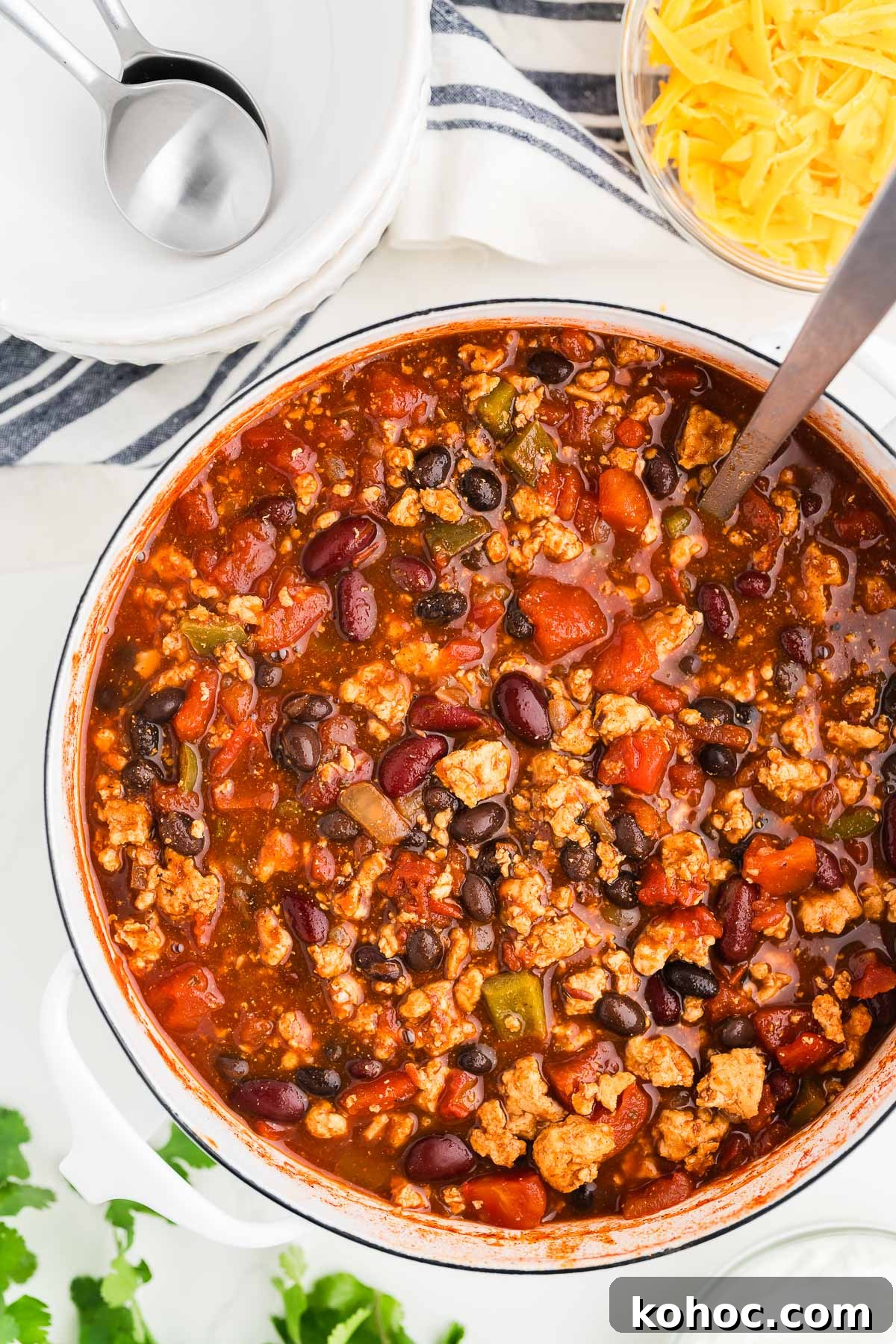 Hearty Ground Chicken Chili Recipe for Weeknight Dinners 7 completed chicken chili in a pot