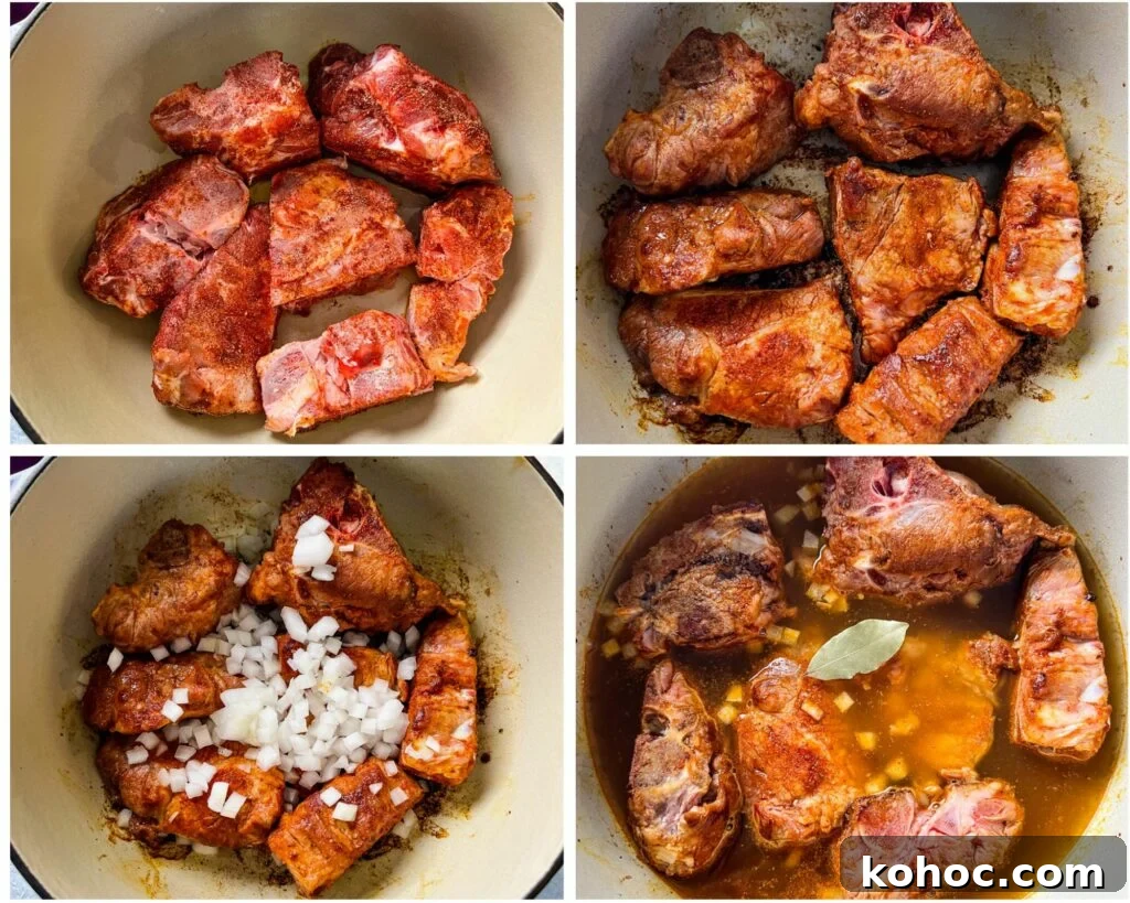 collage of 4 photos with neck bones seared in a Dutch oven