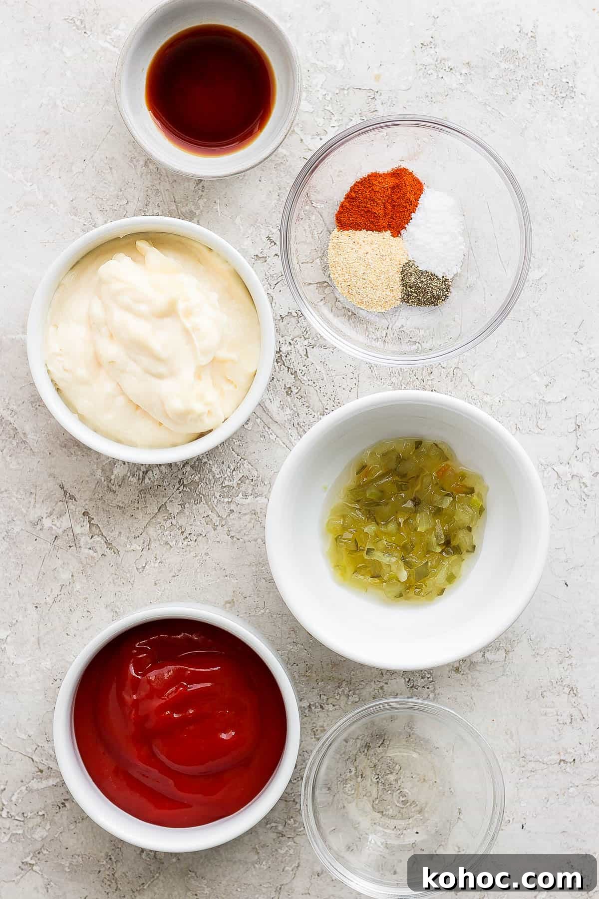 How to Make Classic Big Mac Sauce at Home 3 Ingredients for big mac sauce in separate bowls.