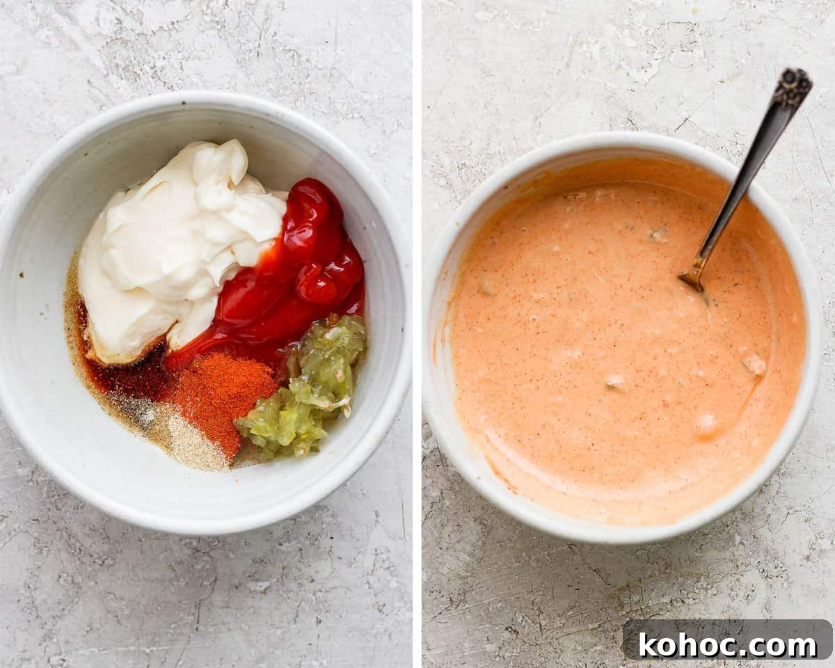 How to Make Classic Big Mac Sauce at Home 4 Two images showing the big mac sauce ingredients in a bowl and then mixed together.