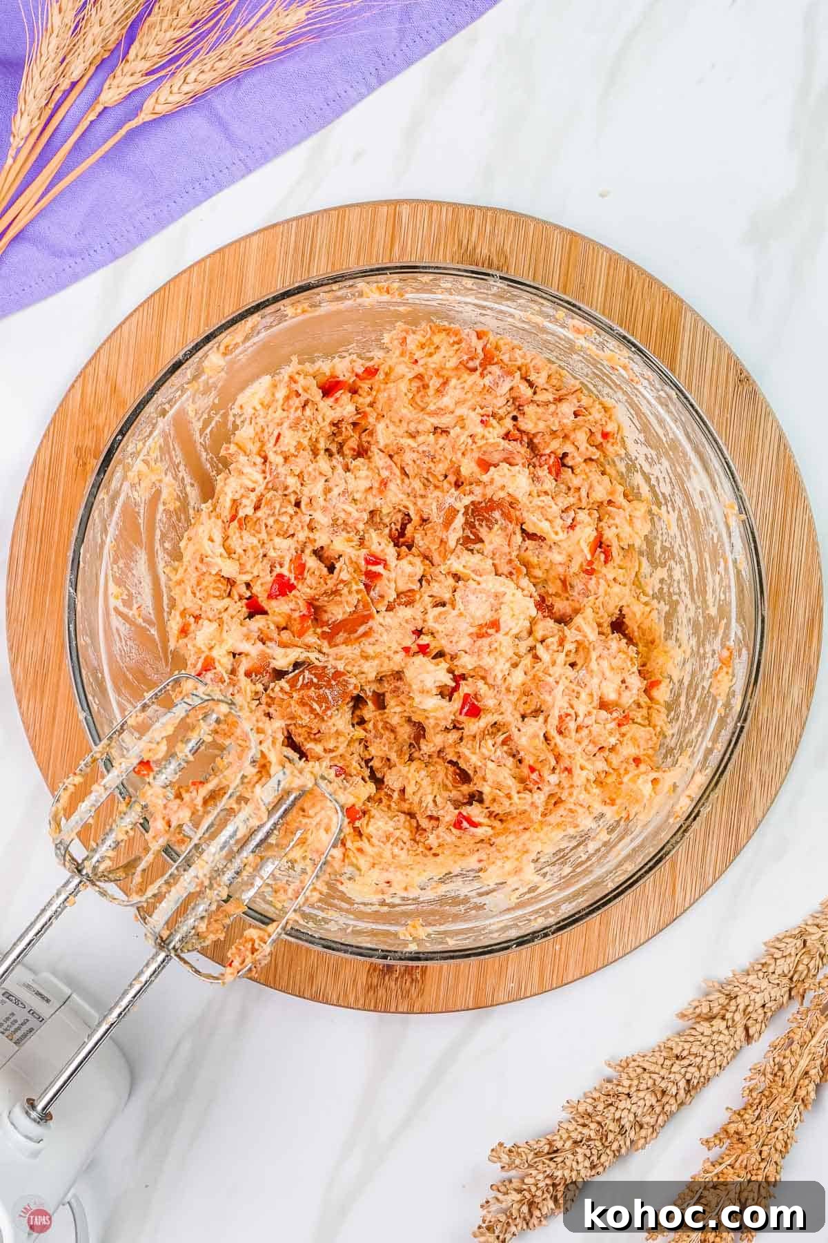 Pimento Cheese Sausage Balls: Southern Party Appetizer Recipe 4 original recipe with the best pimento cheese in a bowl with electric beaters