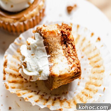 Closeup of a mini cheesecake on its side with a bite removed.
