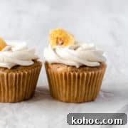 Vegan banana cupcakes topped with vegan buttercream