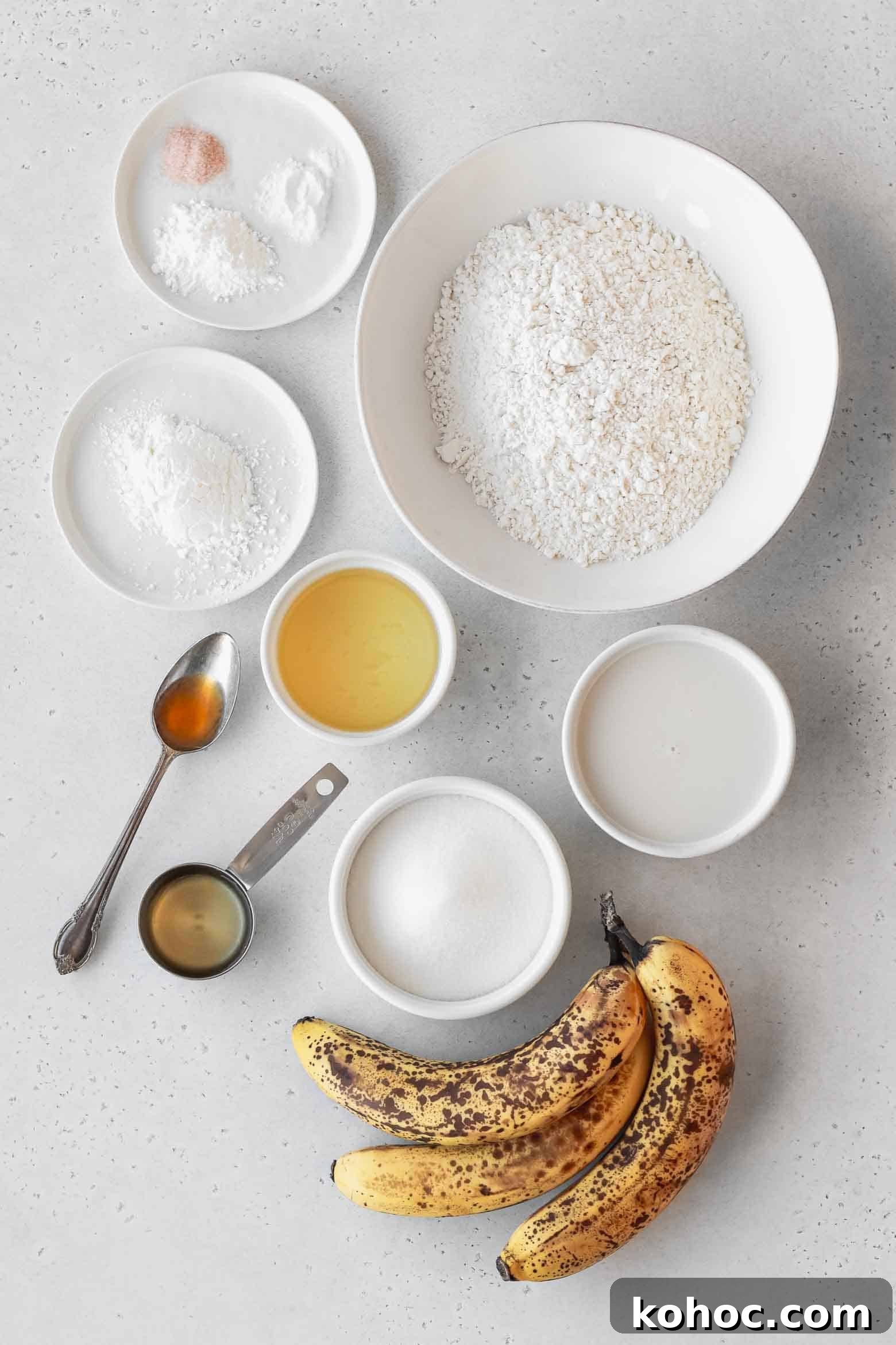 Ingredients to make homemade banana cupcakes measured out into bowls.