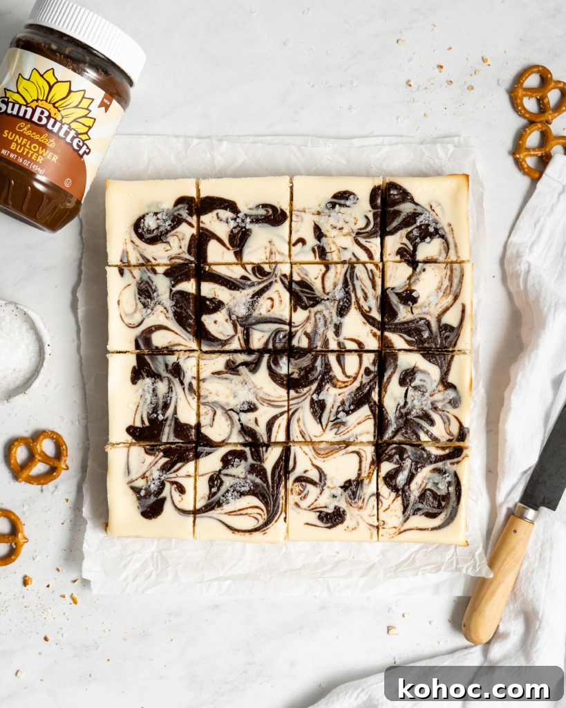 Marbled top on Chocolate SunButter Cheesecake Bars