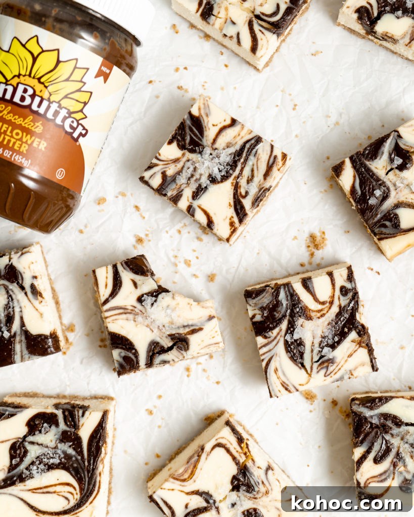 Chocolate SunButter swirls in cheesecake bars