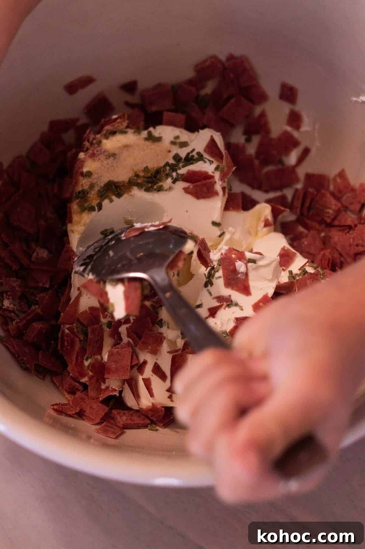 Savory Beef Cheeseball Appetizer Recipe 6 cream cheese and dried beef being mixed